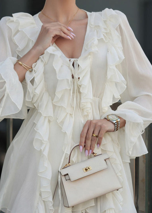V-Neck Long Sleeve Ruffle Tie Cuff Chiffon Mini Dress 5