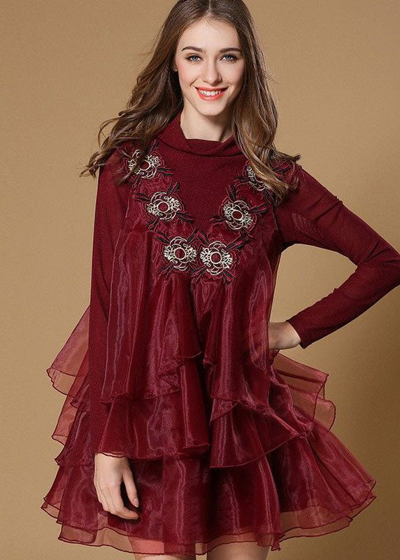Organza Ruffle Overlay Mock Neck Long Sleeve Mini Dress