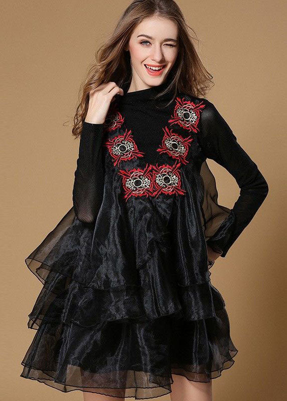 Organza Ruffle Overlay Mock Neck Long Sleeve Mini Dress - View 2