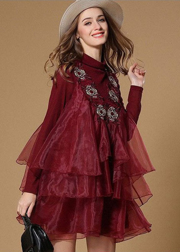 Organza Ruffle Overlay Mock Neck Long Sleeve Mini Dress - View 4
