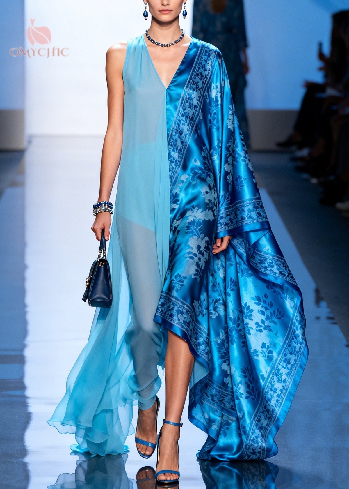 Asymmetric Deep V-Neck Floral Damask Cape Sleeve Sheer Panel Maxi Gown