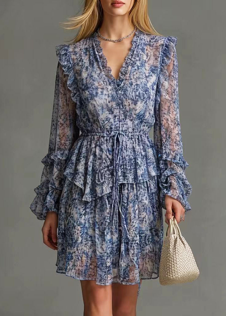 Print Chiffon V-Neck Long Sleeve Ruffle Tiered Drawstring Mini Dress