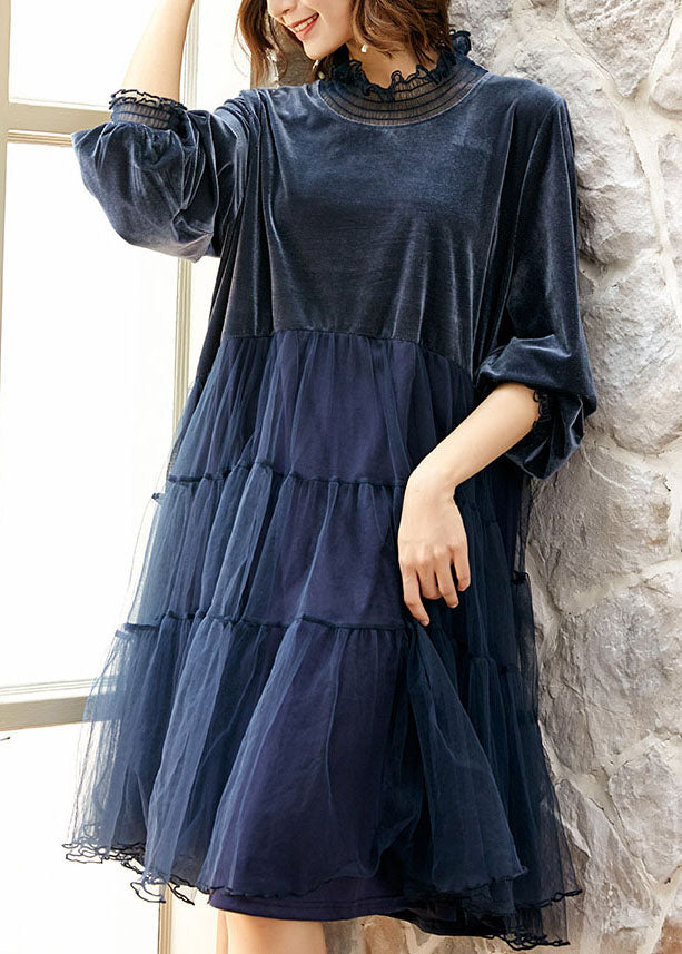 High Neck Long Sleeve Velvet Tiered Tulle Midi Dress