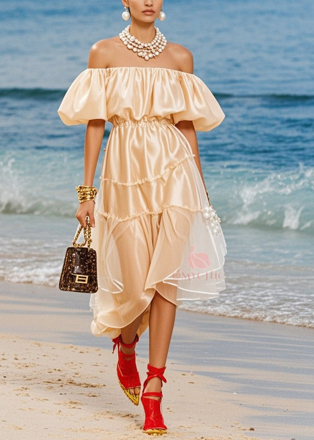 Off Shoulder Puff Sleeve Tiered Ruffle Sheer Panel Satin Midi Dress