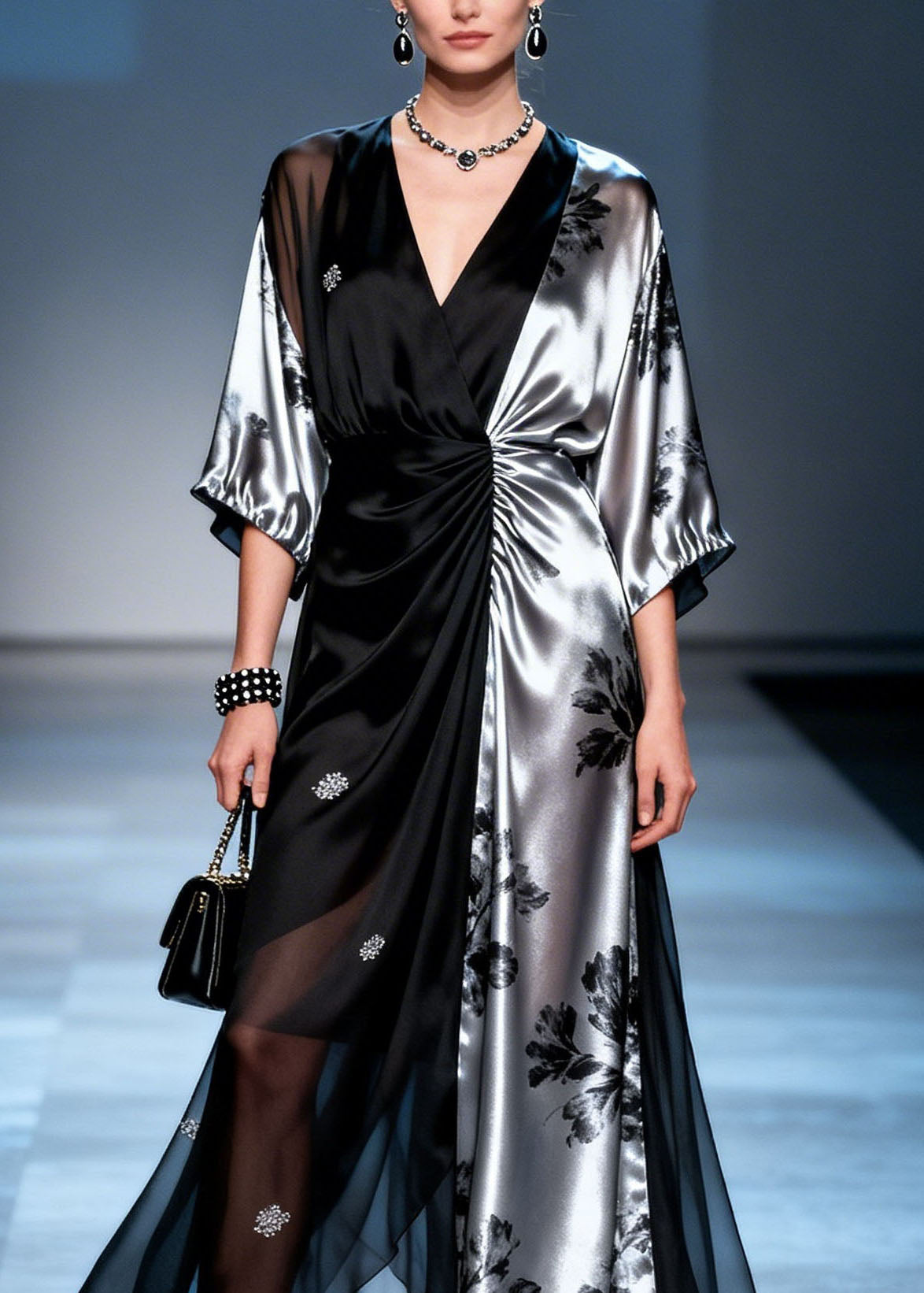 Floral Print Deep V-Neck Wrap Sleeve Ruched Waist Maxi Gown - View 2