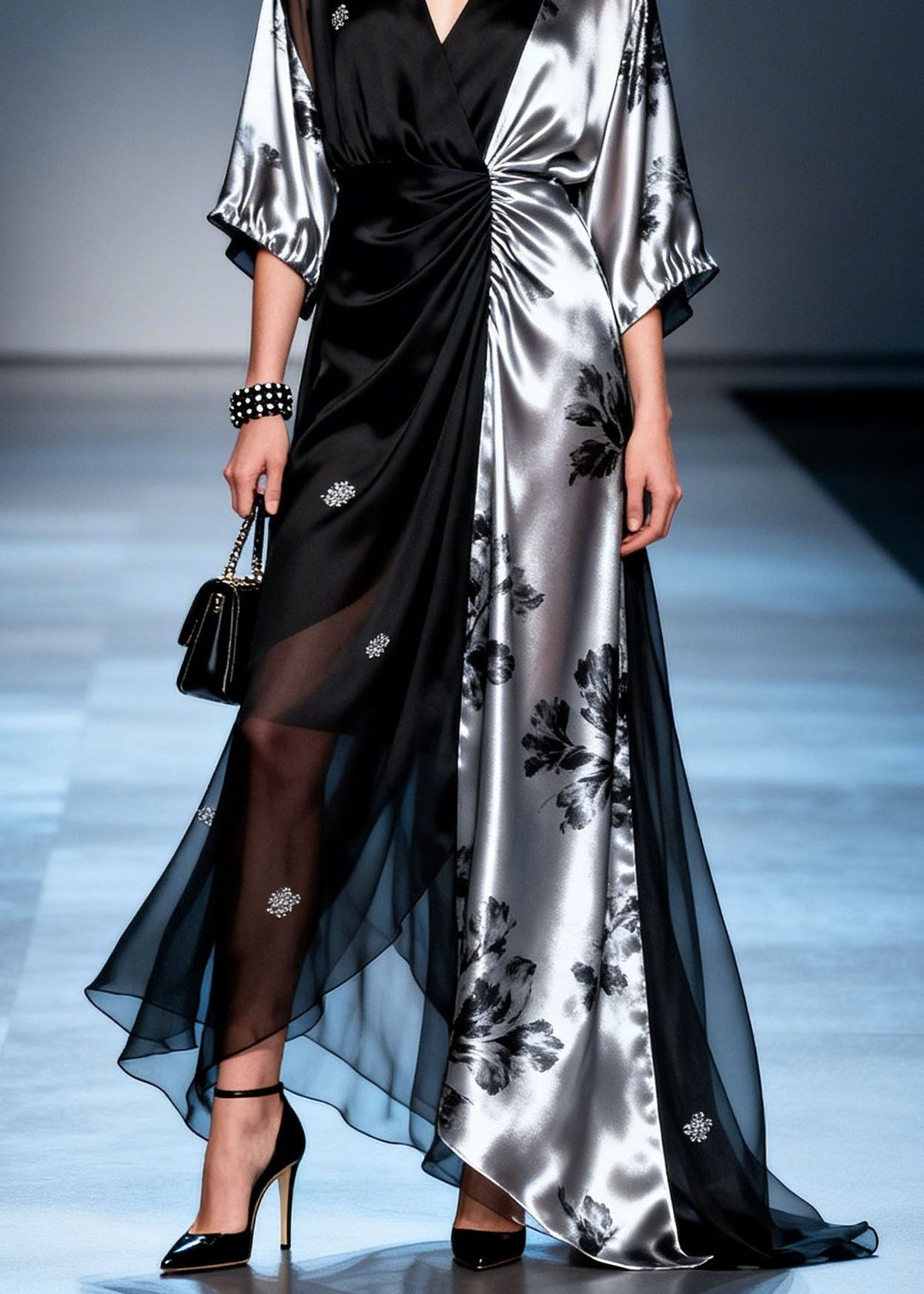 Floral Print Deep V-Neck Wrap Sleeve Ruched Waist Maxi Gown - View 4