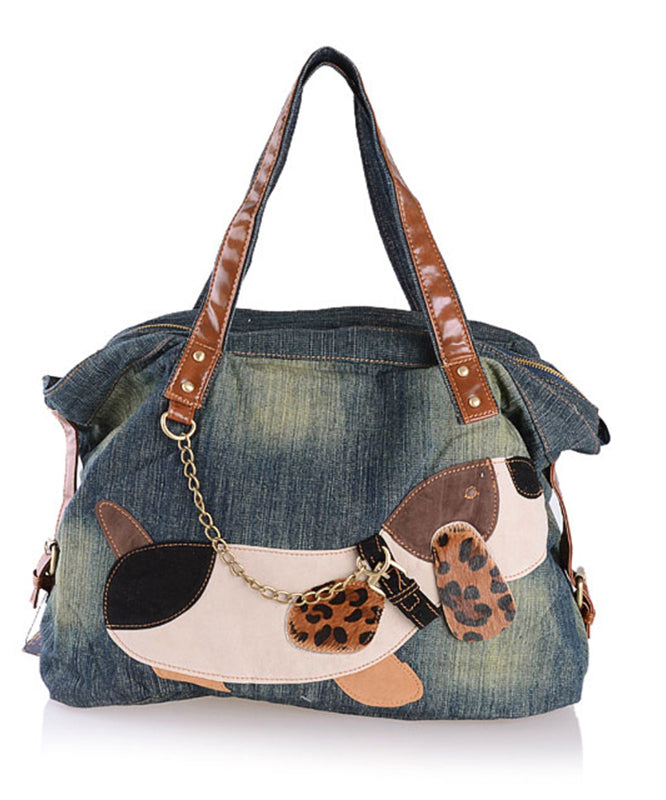 Boutique Denim Blue Patchwork Canvas Satchel Handbag