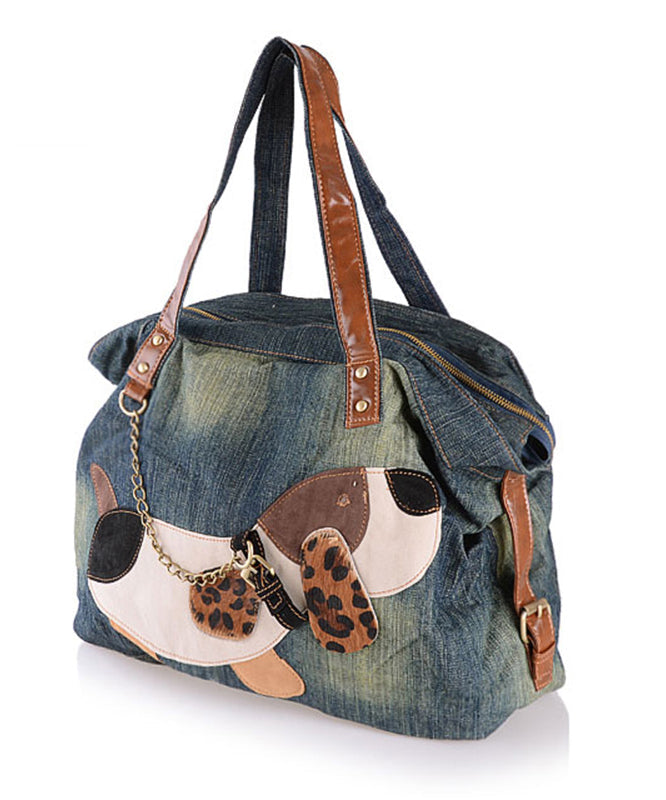 Boutique Denim Blue Patchwork Canvas Satchel Handbag