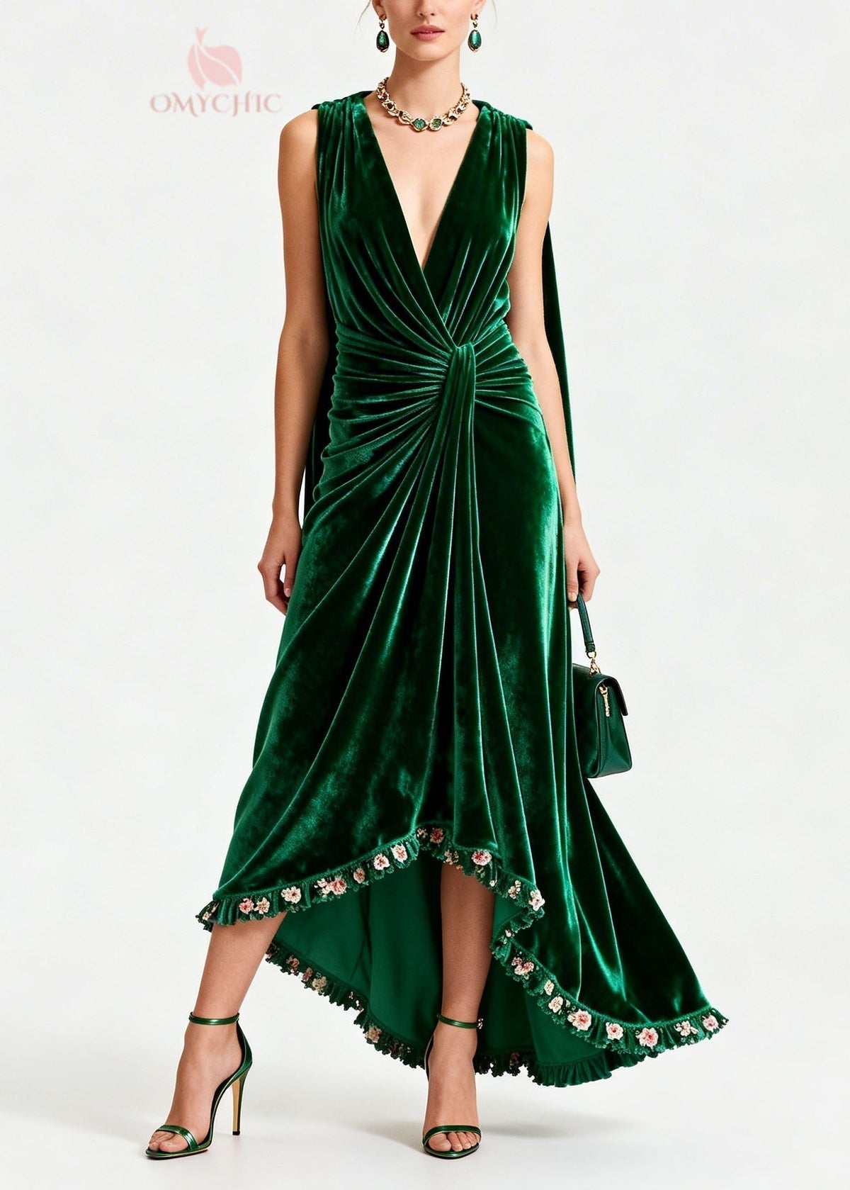 Velvet Deep V-Neck Sleeveless Knot Waist Ruffle Floral Trim Gown