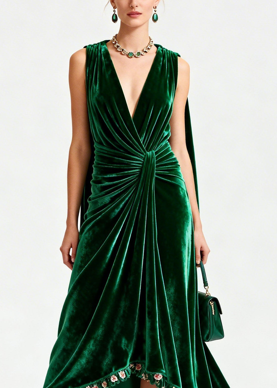 Velvet Deep V-Neck Sleeveless Knot Waist Ruffle Floral Trim Gown - View 2