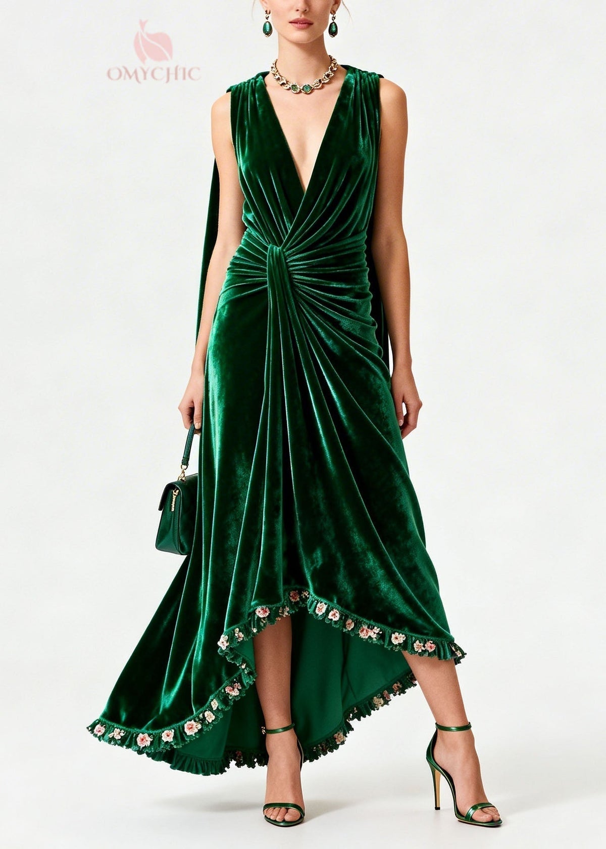 Velvet Deep V-Neck Sleeveless Knot Waist Ruffle Floral Trim Gown - View 3