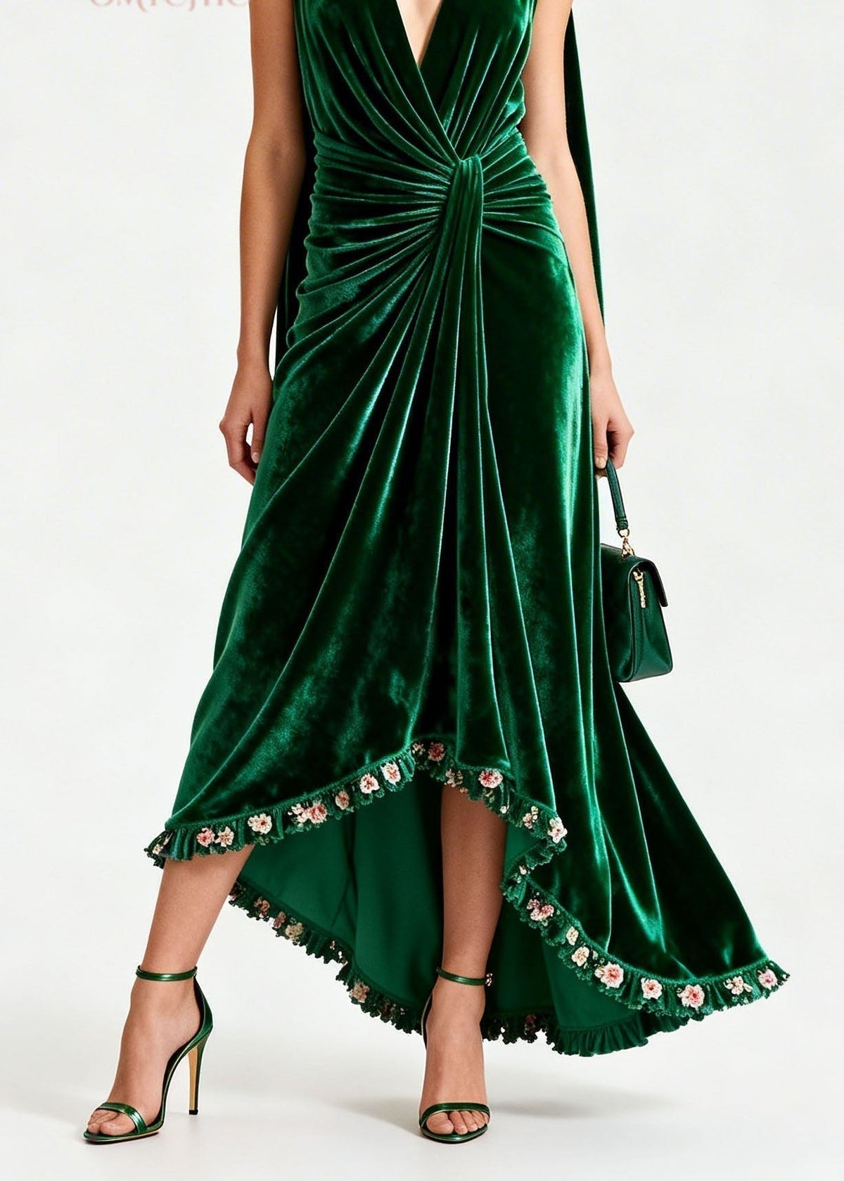 Velvet Deep V-Neck Sleeveless Knot Waist Ruffle Floral Trim Gown - View 4
