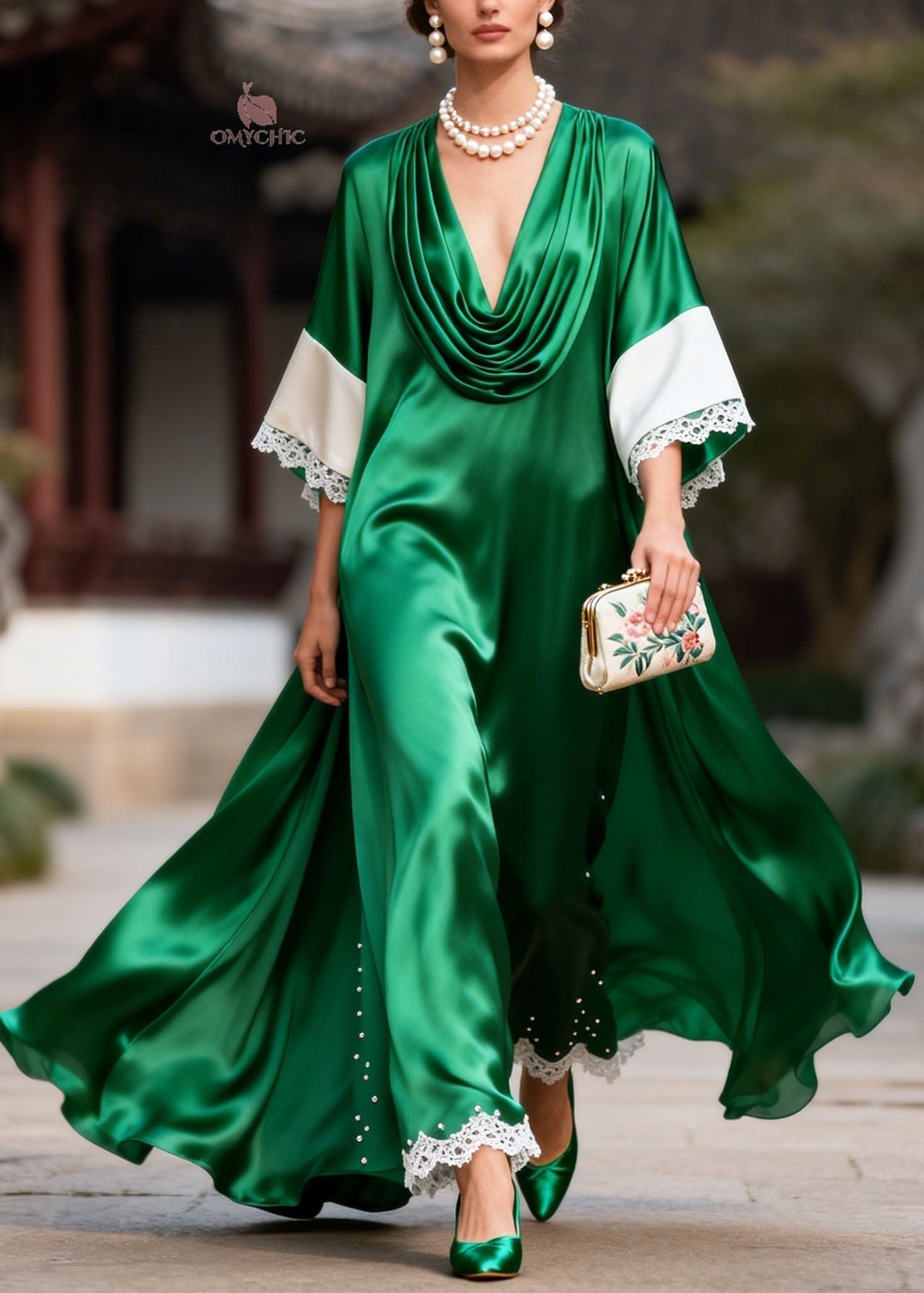 Satin Cowl Neck Wide Sleeve Lace Trim Pearl Embellished Maxi Gown