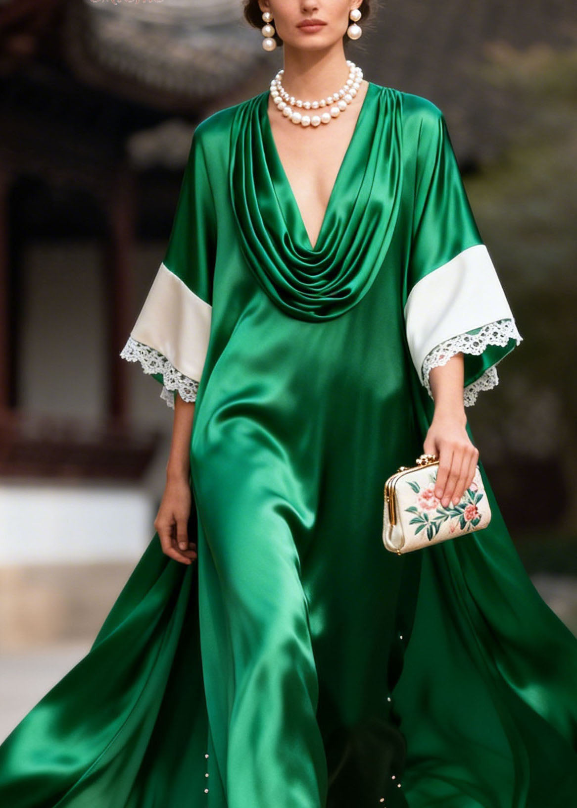 Satin Cowl Neck Wide Sleeve Lace Trim Pearl Embellished Maxi Gown - View 2