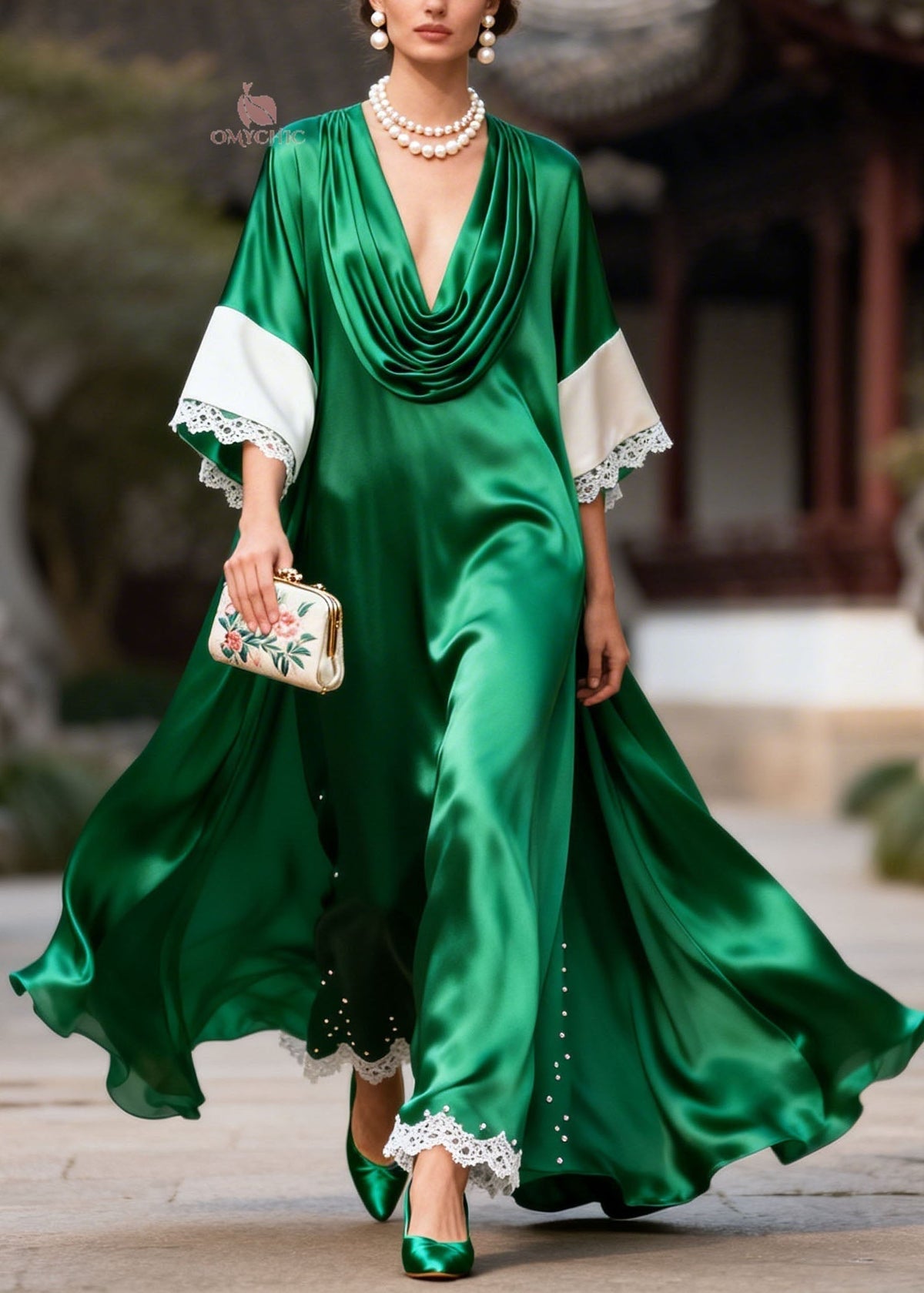 Satin Cowl Neck Wide Sleeve Lace Trim Pearl Embellished Maxi Gown - View 3