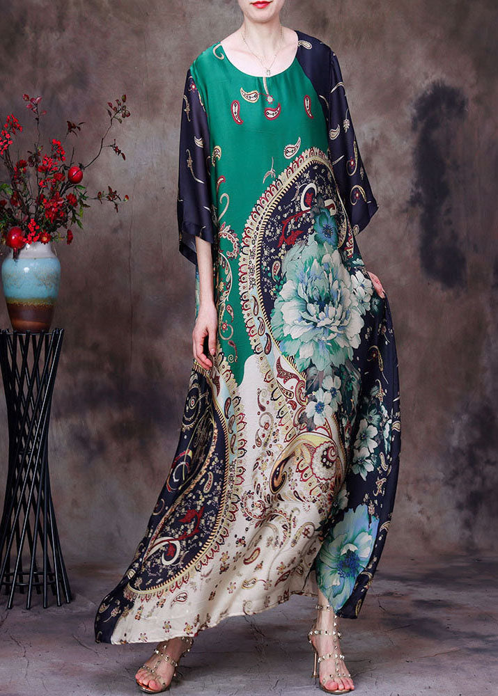 Mixed Print Round Neck Half Sleeve Patchwork Kaftan Maxi Dress