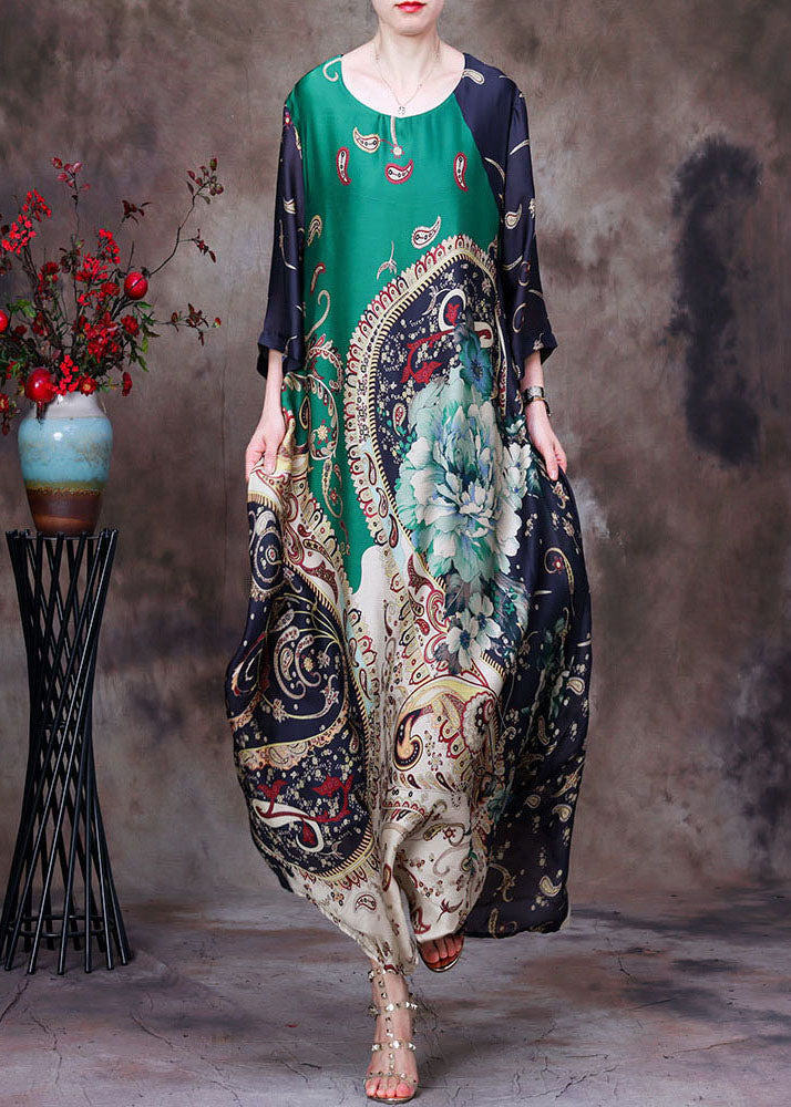 Mixed Print Round Neck Half Sleeve Patchwork Kaftan Maxi Dress - View 2
