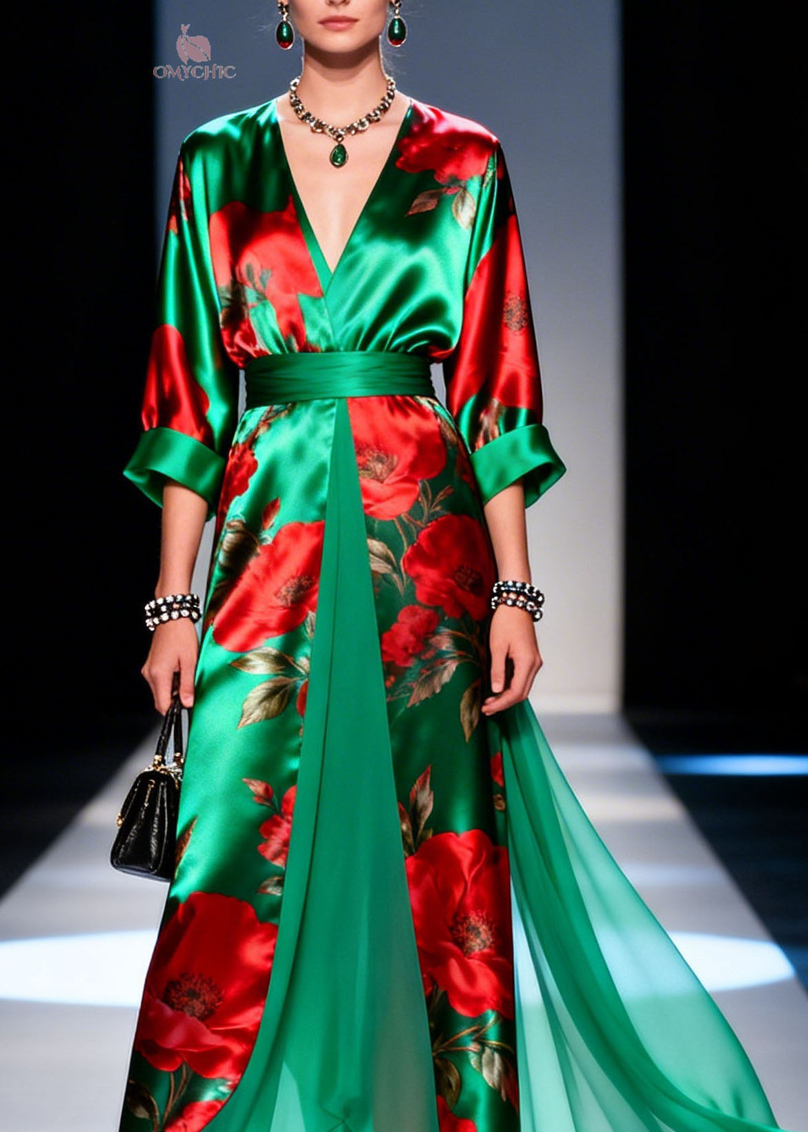 Floral Print Satin Wrap Deep V-Neck Belted Chiffon Panel Maxi Gown - View 2