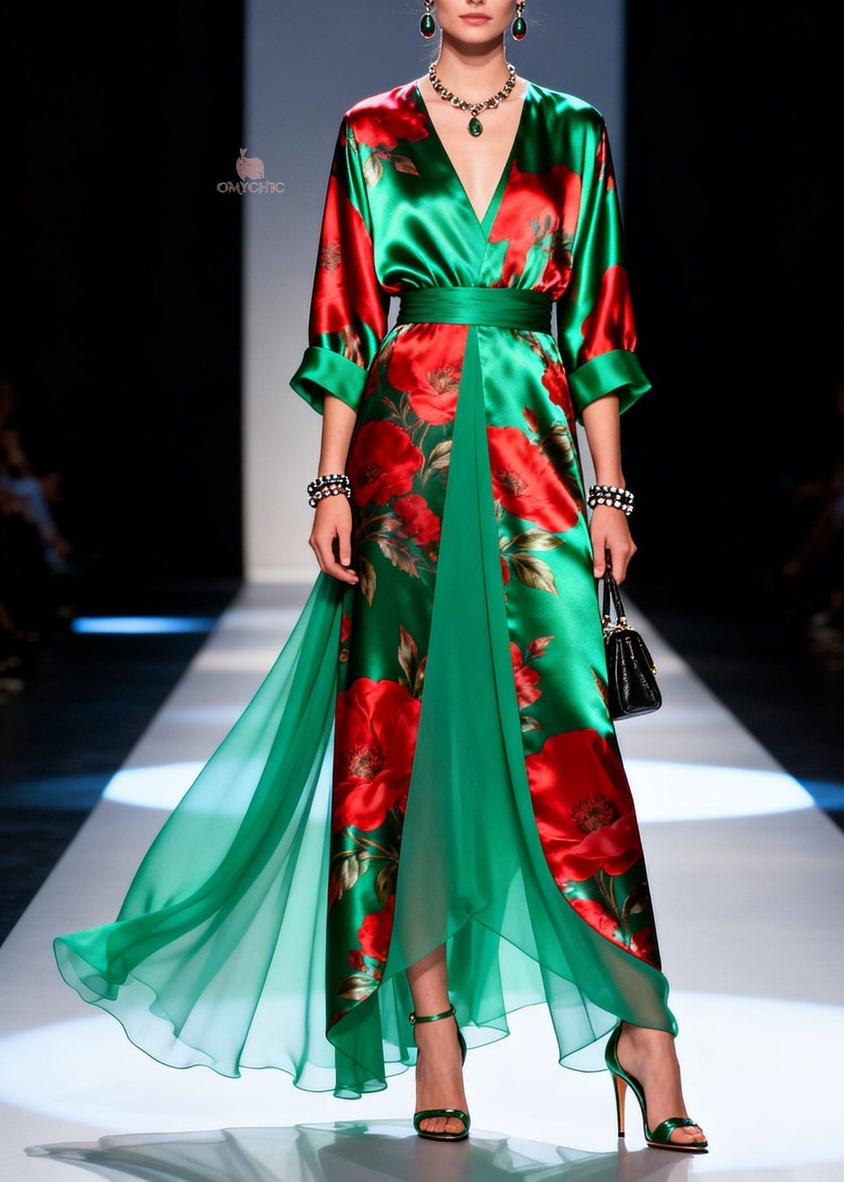Floral Print Satin Wrap Deep V-Neck Belted Chiffon Panel Maxi Gown - View 3