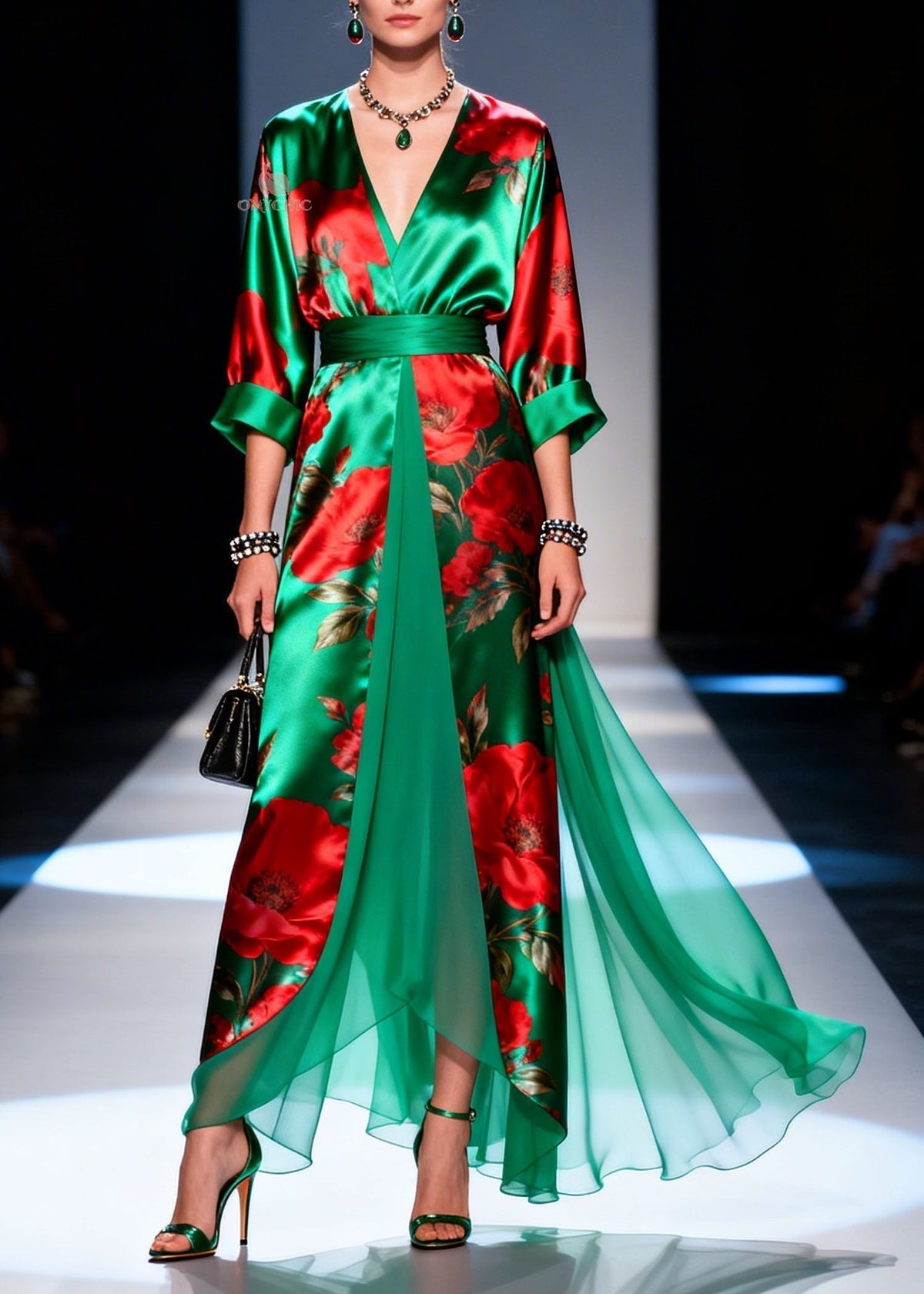 Floral Print Satin Wrap Deep V-Neck Belted Chiffon Panel Maxi Gown - View 5