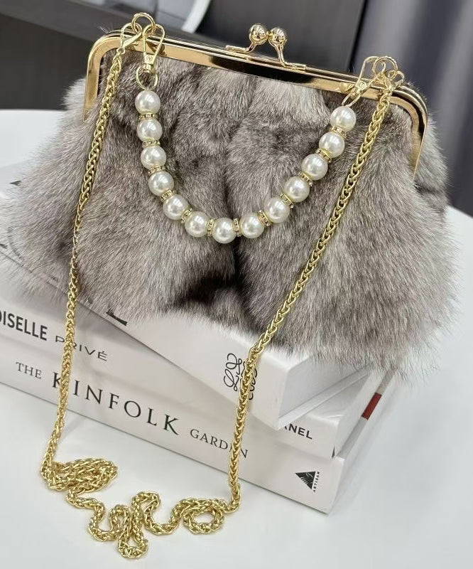 Boutique Linked Messenger Grey Fur Fluffy Chain Fuzzy Bag