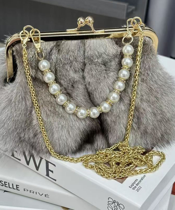 Boutique Linked Messenger Grey Fur Fluffy Chain Fuzzy Bag