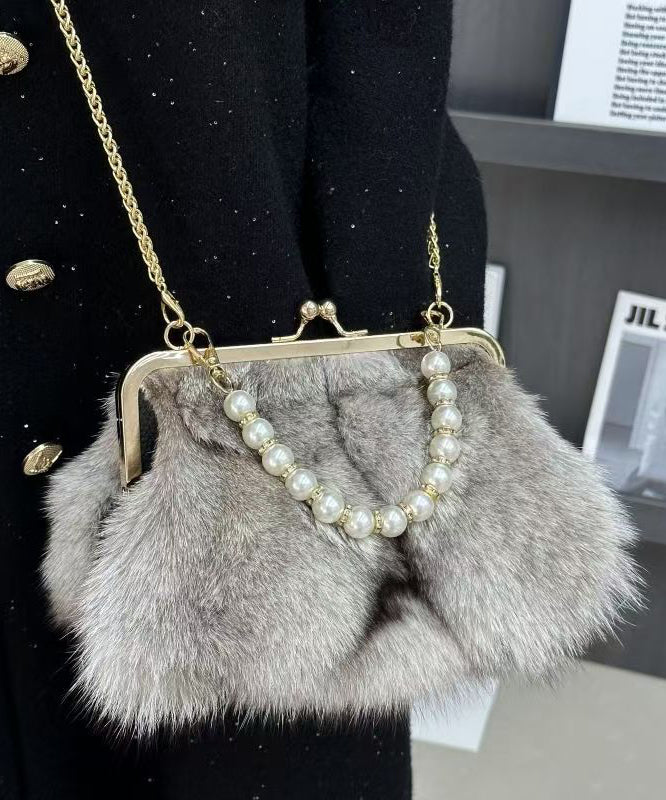 Boutique Linked Messenger Grey Fur Fluffy Chain Fuzzy Bag