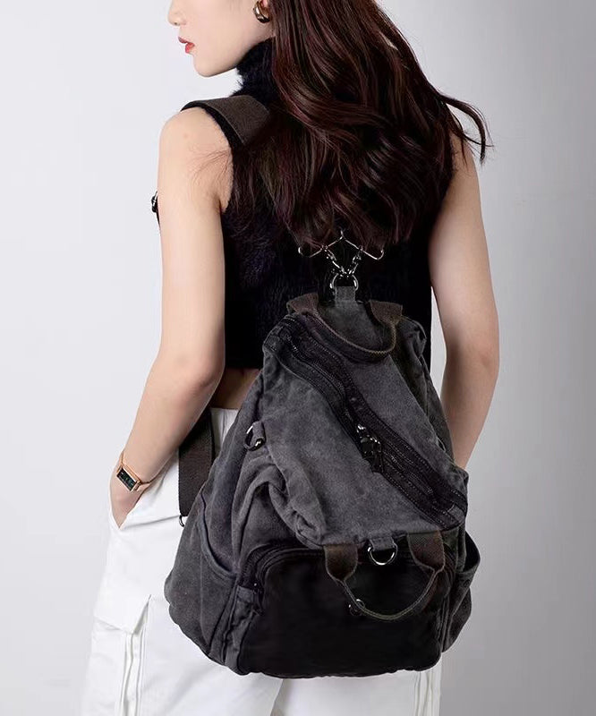 Boutique Grey Versatile Calf Leather Patchwork Canvas Backpack Messenger Bag