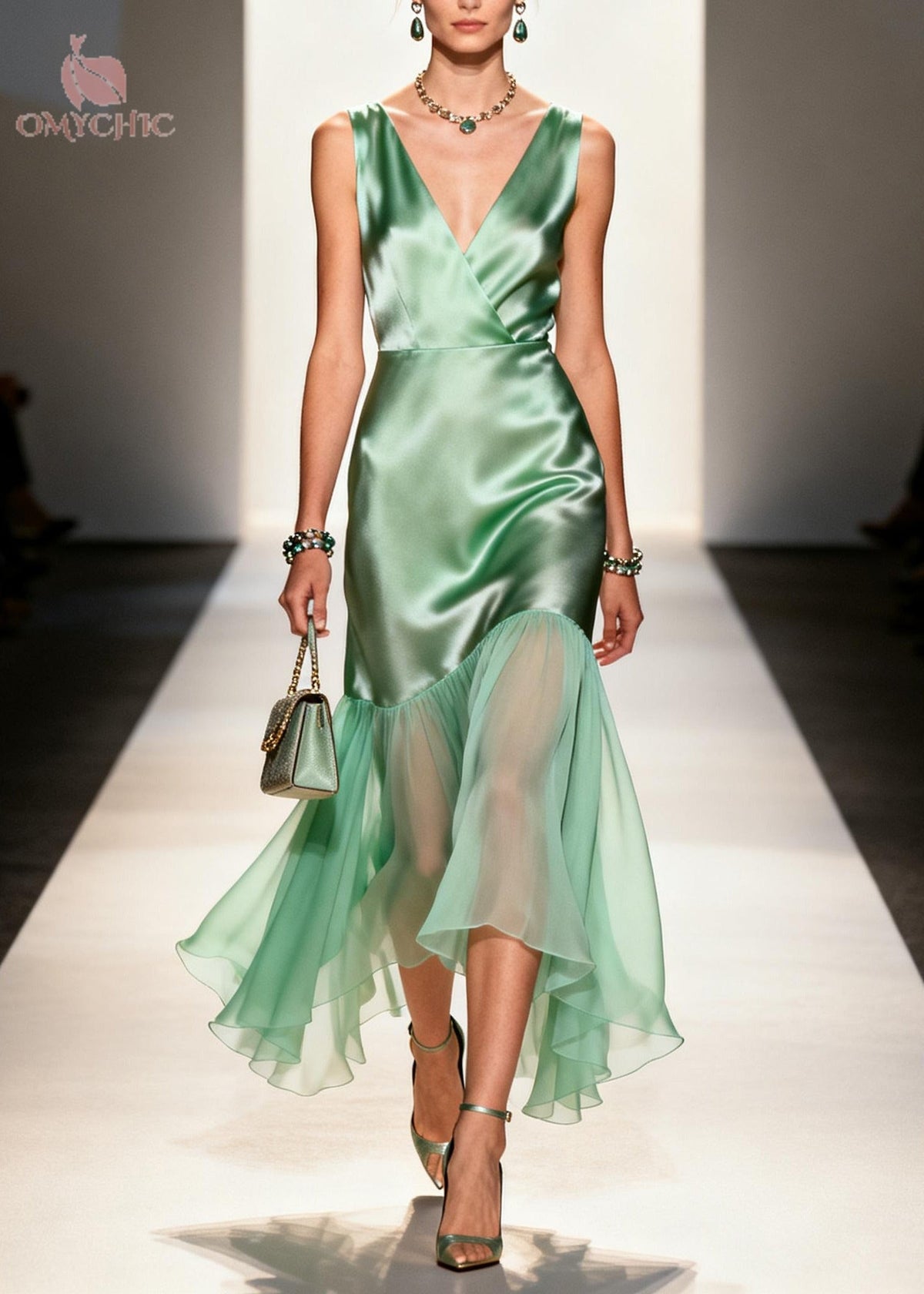 Satin Wrap V-Neck Sleeveless Chiffon Ruffle High Low Hem Midi Dress - View 5