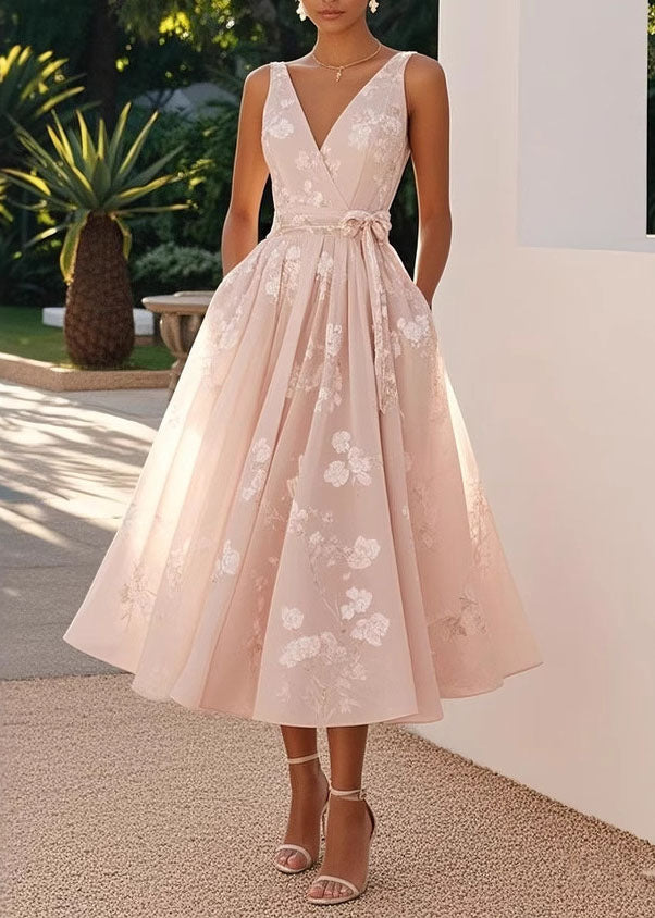 V-Neck Sleeveless Floral Print Belted A-Line Midi Dress