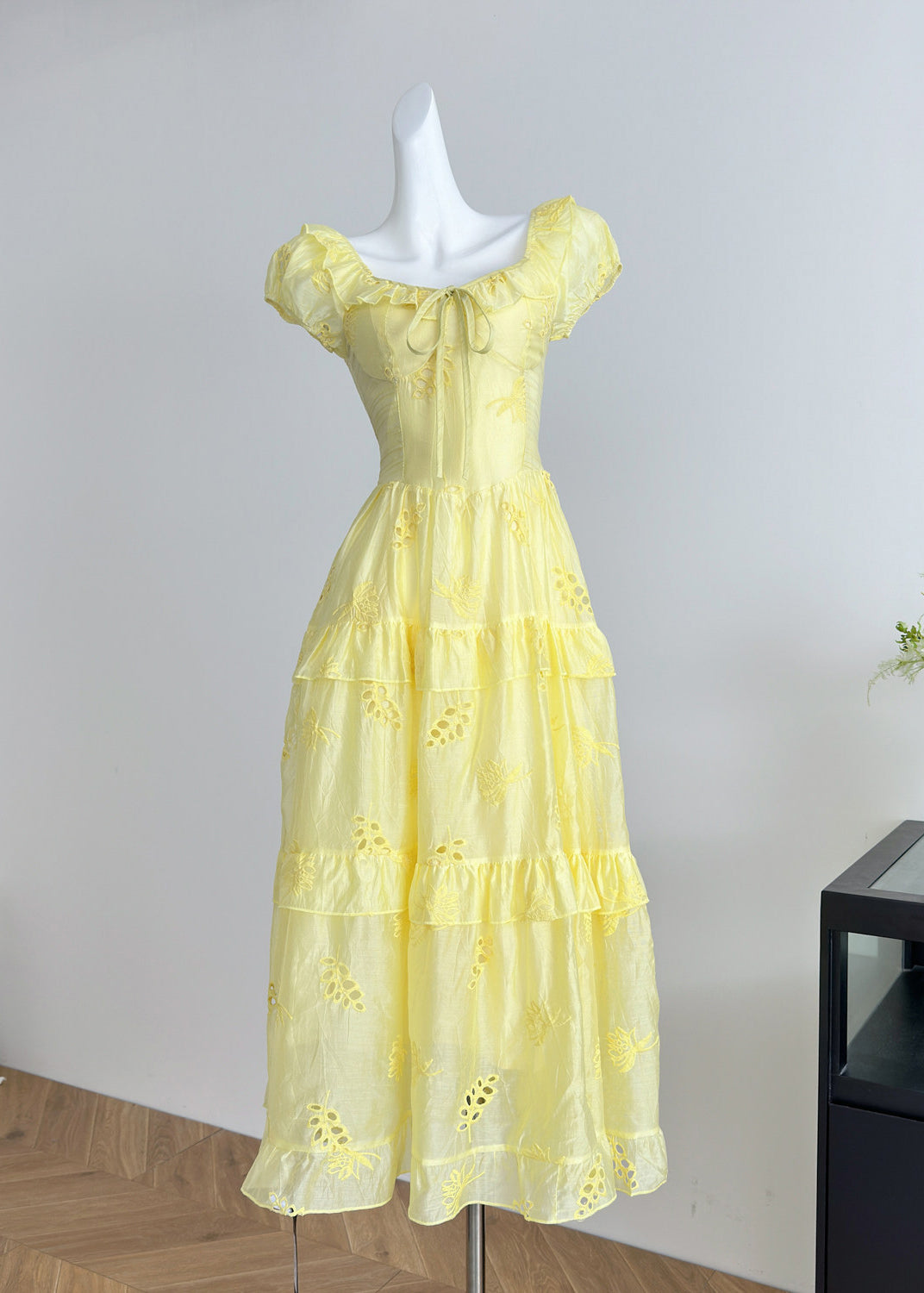 Eyelet Embroidery Square Neck Tie Ruffle Puff Sleeve Tiered Maxi Dress