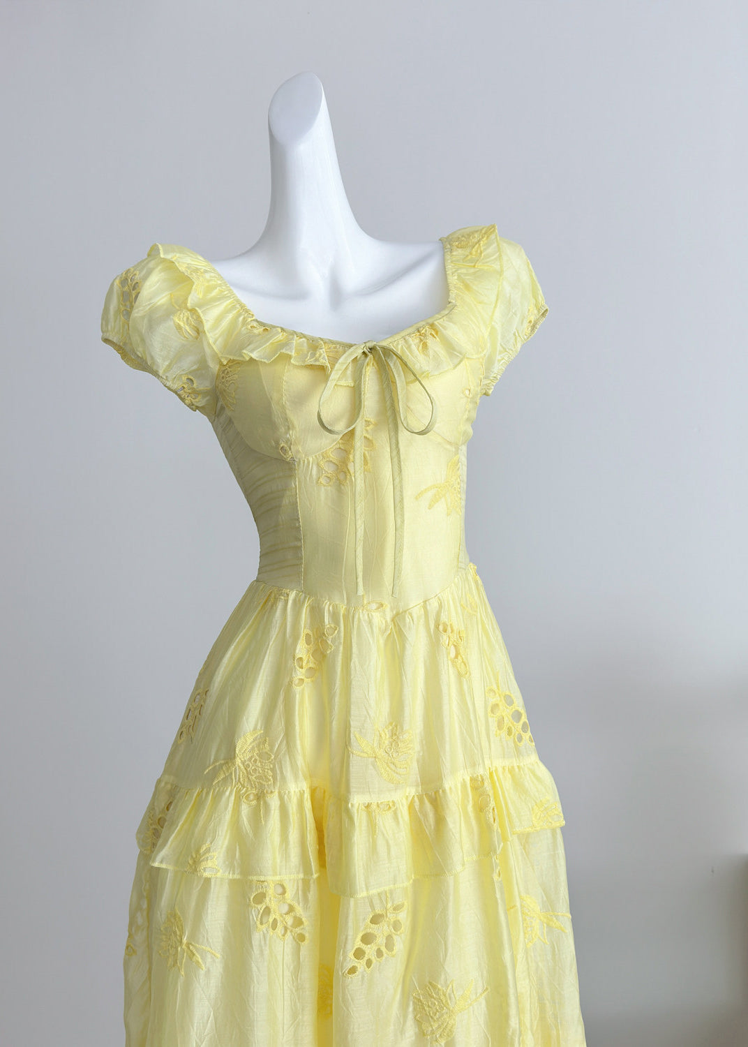 Eyelet Embroidery Square Neck Tie Ruffle Puff Sleeve Tiered Maxi Dress - View 3