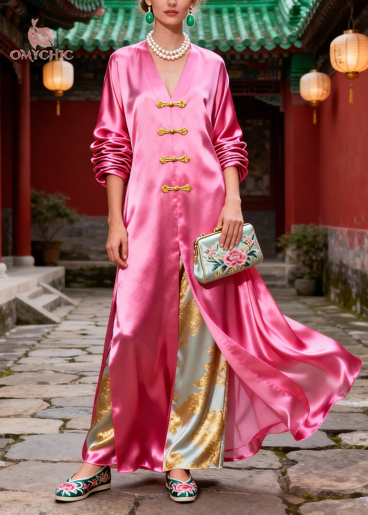 Jacquard Floral Satin Frog Button Side Slit Faux Maxi Dress