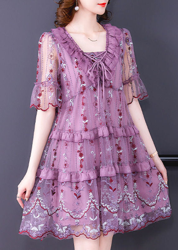 Mesh Floral Embroidered Round Neck Lace Up Tiered Midi Dress - View 3