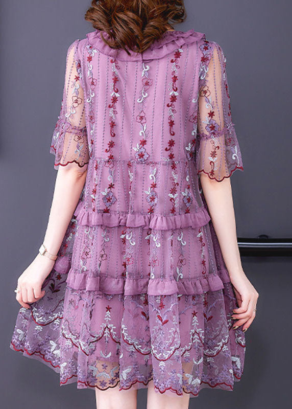 Mesh Floral Embroidered Round Neck Lace Up Tiered Midi Dress - View 4