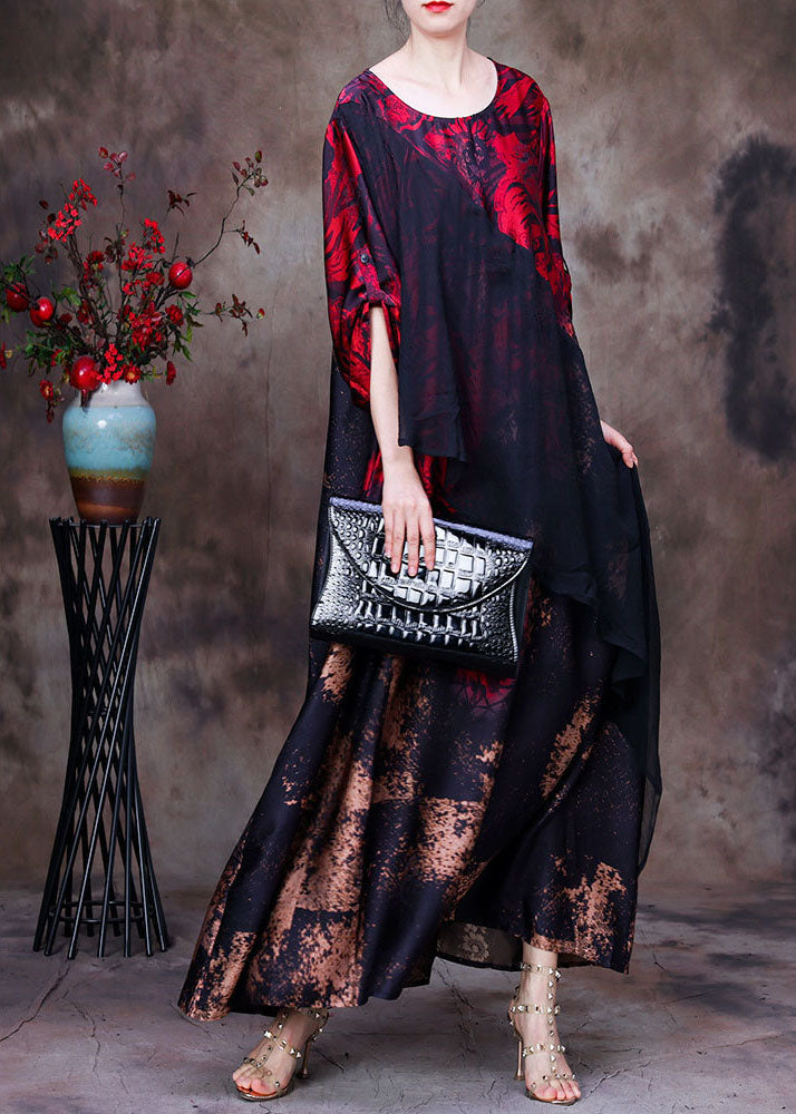 Floral Print Asymmetrical Sheer Overlay Three Quarter Maxi Gown - View 2