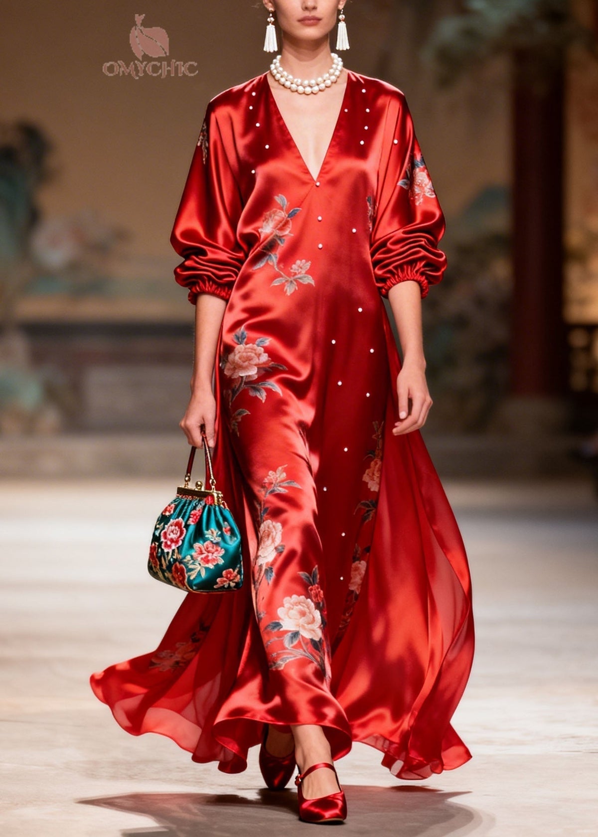 Floral Print V-Neck Balloon Sleeve Pearl Stud Trim Satin Maxi Gown