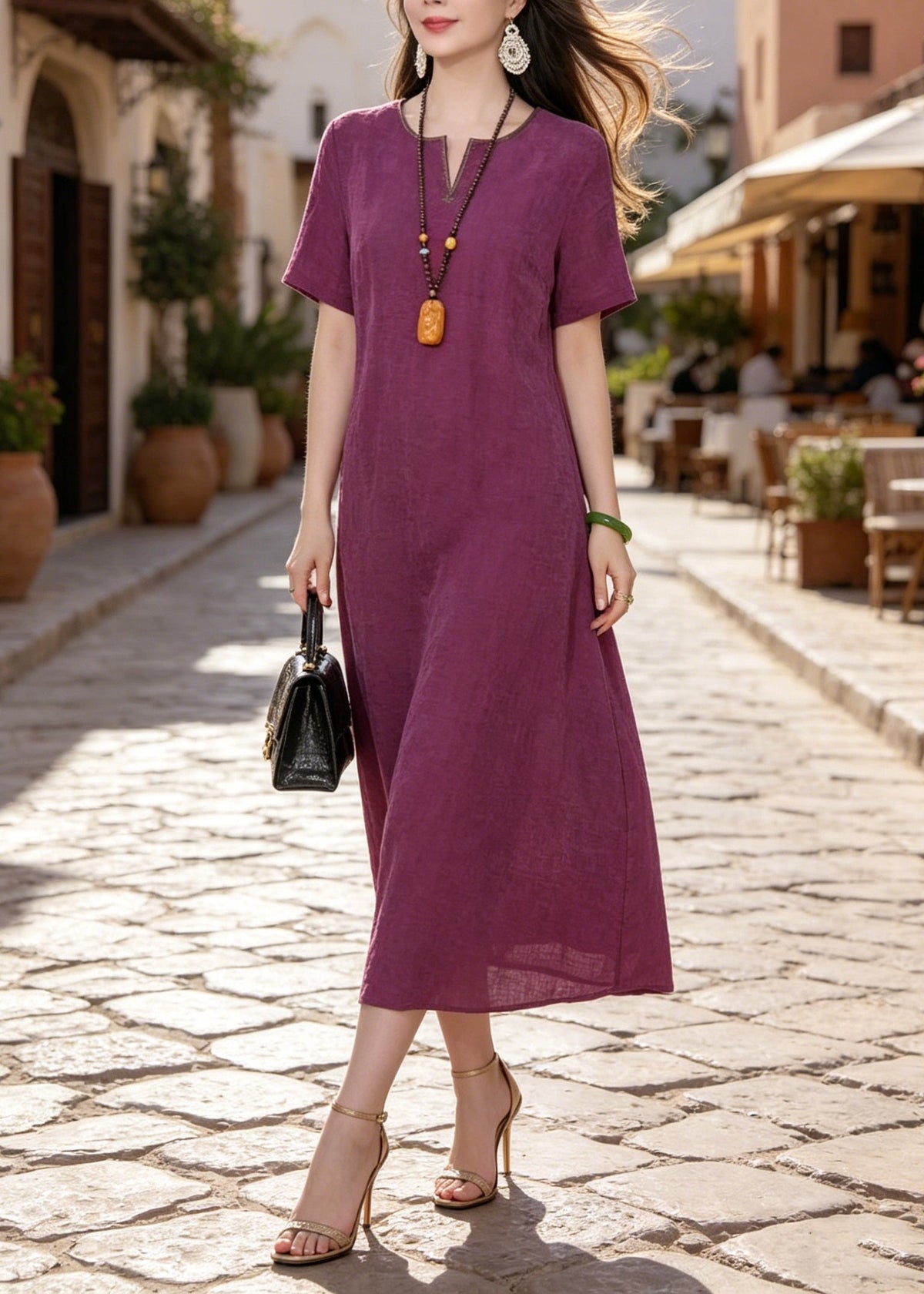 Textured Woven Split Neck Contrast Piping Shift Midi Dress