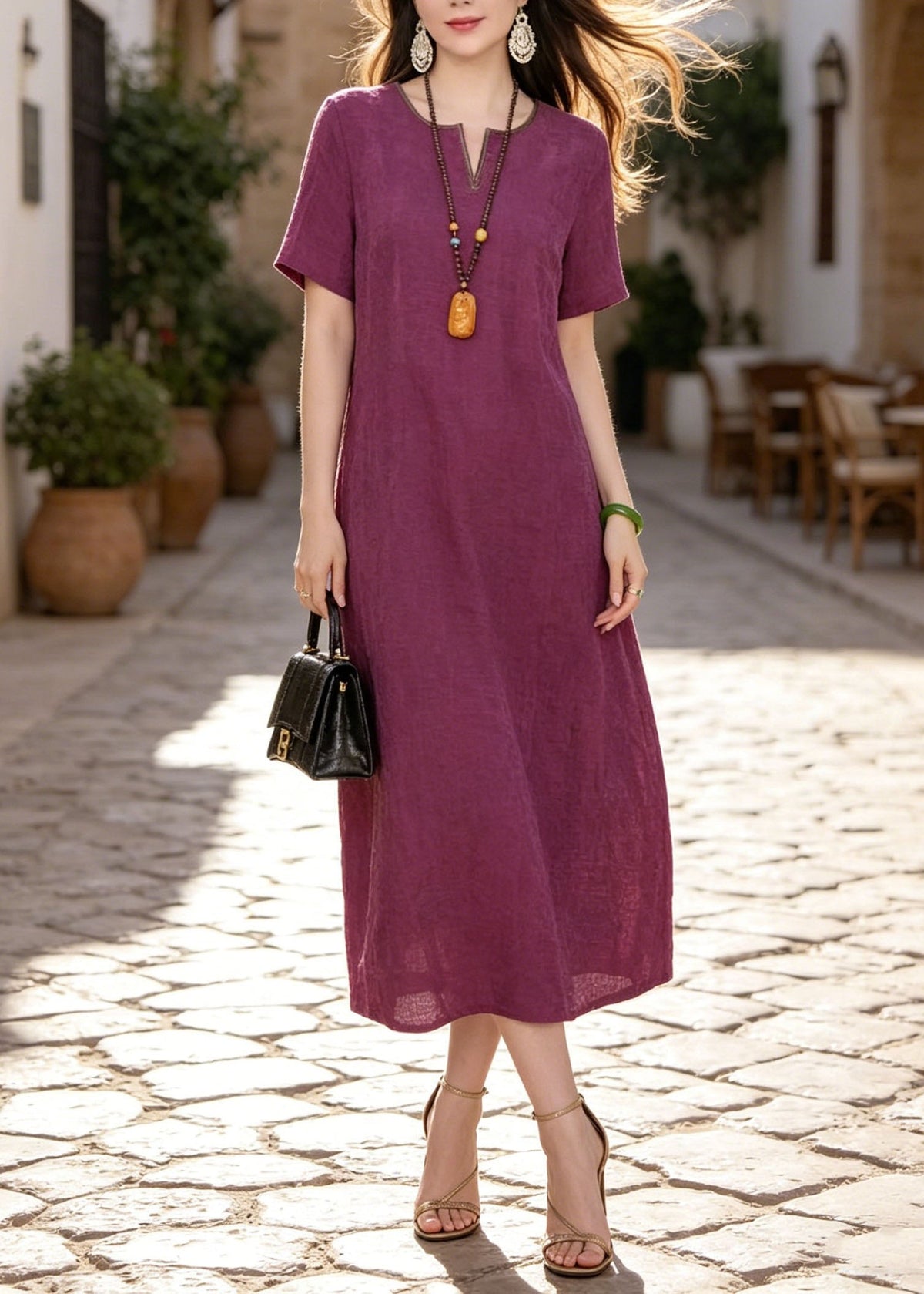 Textured Woven Split Neck Contrast Piping Shift Midi Dress - View 5