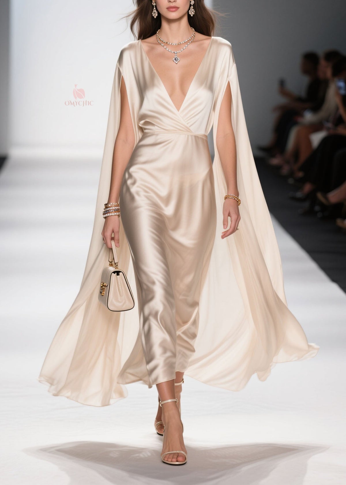 Satin Deep V-Neck Floor Length Cape Sleeve Maxi Gown