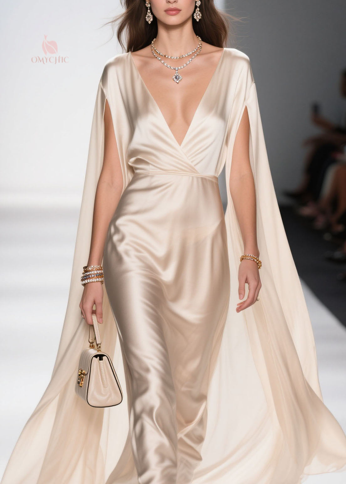 Satin Deep V-Neck Floor Length Cape Sleeve Maxi Gown - View 2
