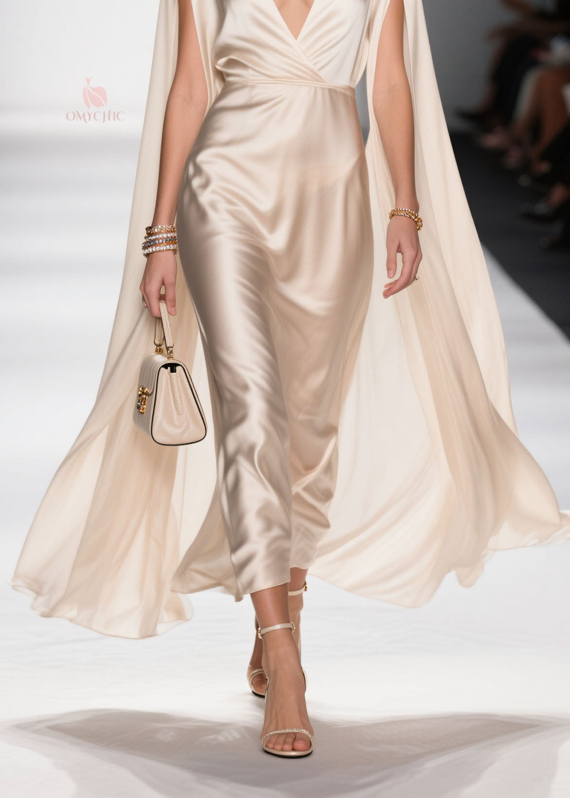 Satin Deep V-Neck Floor Length Cape Sleeve Maxi Gown - View 4