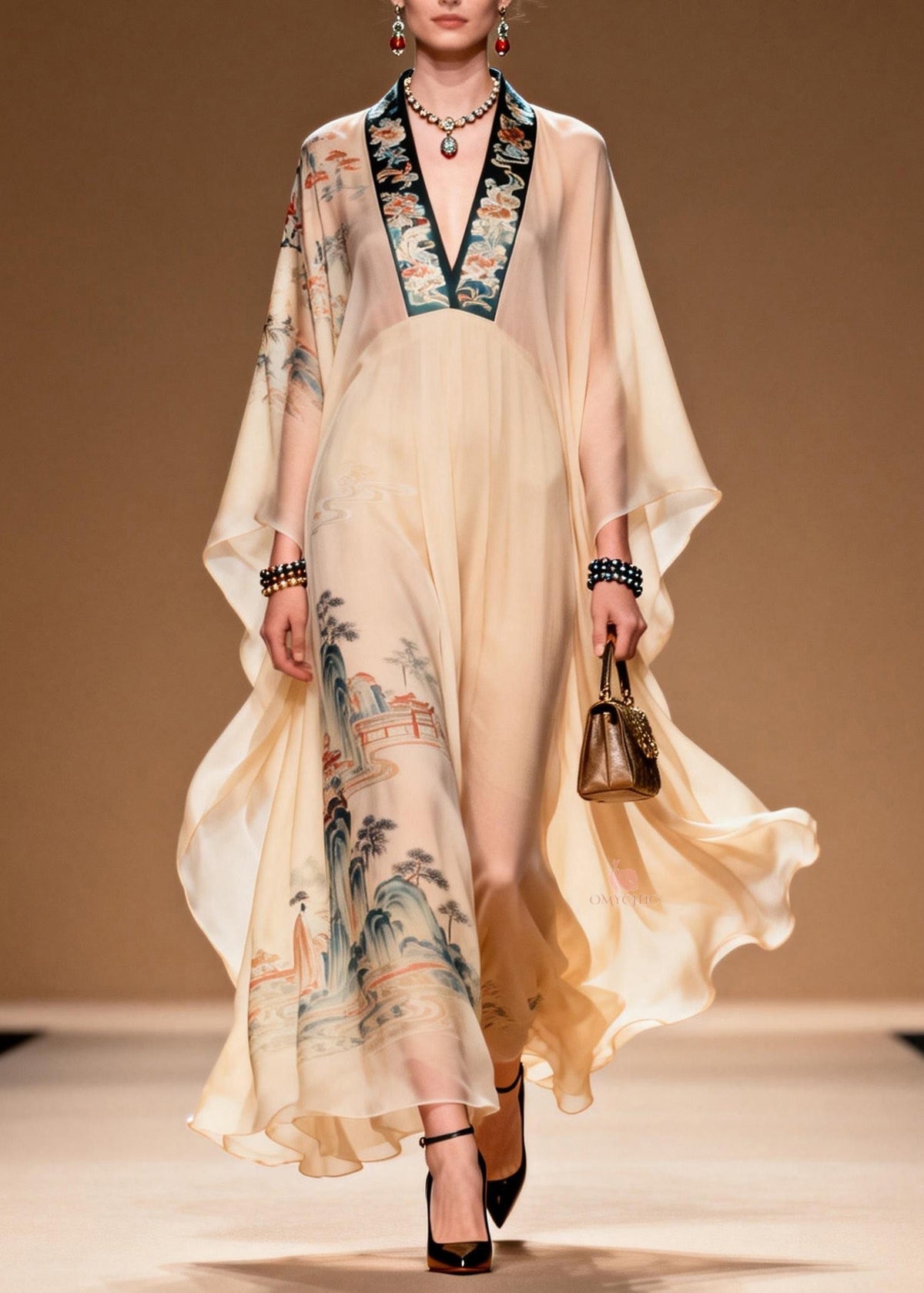 Oriental Landscape Print Deep V-Neck Batwing Sleeve Maxi Gown - View 3