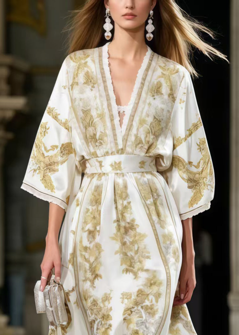 Floral Toile Print Deep V-Neck Lace Trim Sleeve Sash Maxi Gown - View 2