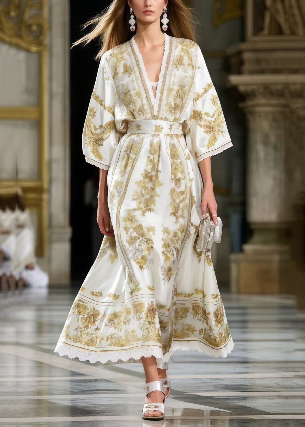 Floral Toile Print Deep V-Neck Lace Trim Sleeve Sash Maxi Gown - View 3