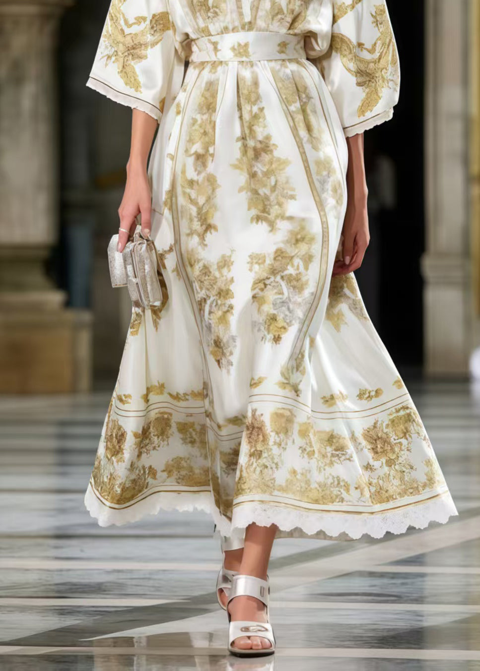 Floral Toile Print Deep V-Neck Lace Trim Sleeve Sash Maxi Gown - View 4