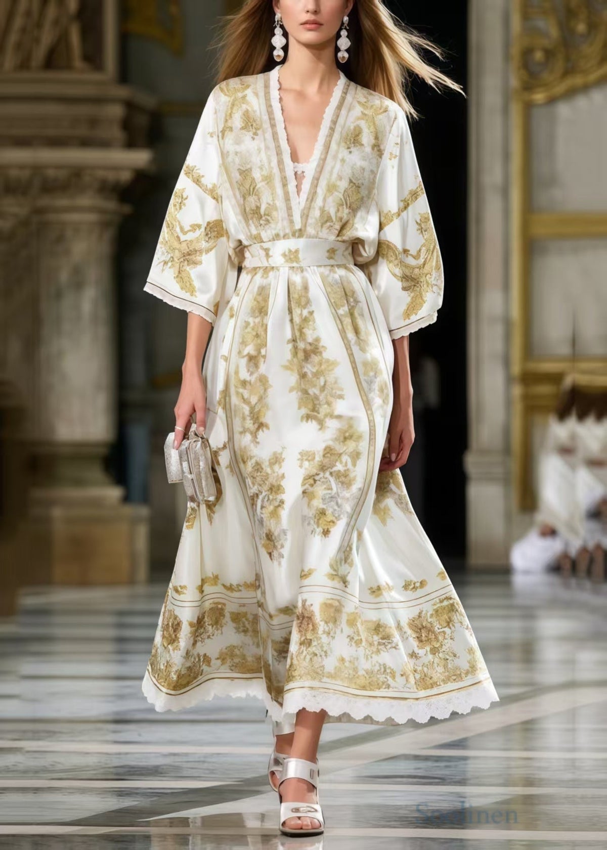 Floral Toile Print Deep V-Neck Lace Trim Sleeve Sash Maxi Gown - View 5