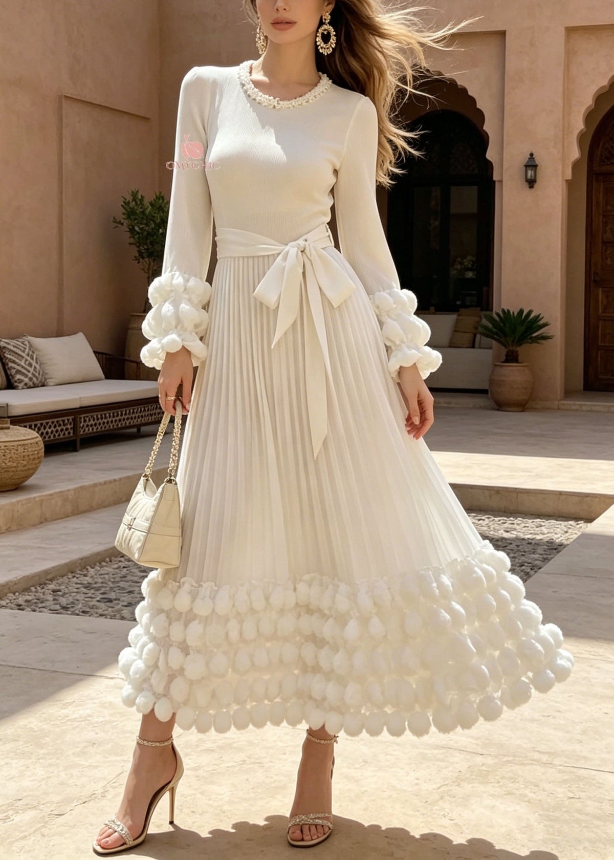 Pearl Trim Round Neck Pom Cuff Rib Knit Pleated Bow Maxi Dress