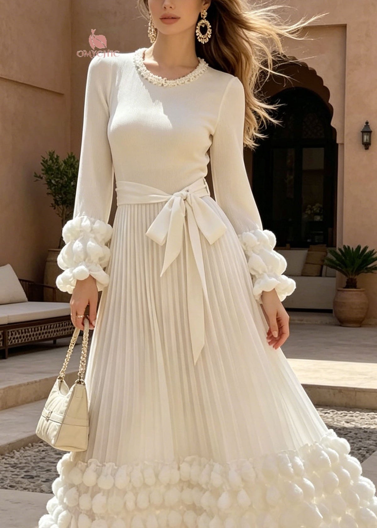 Pearl Trim Round Neck Pom Cuff Rib Knit Pleated Bow Maxi Dress - View 2