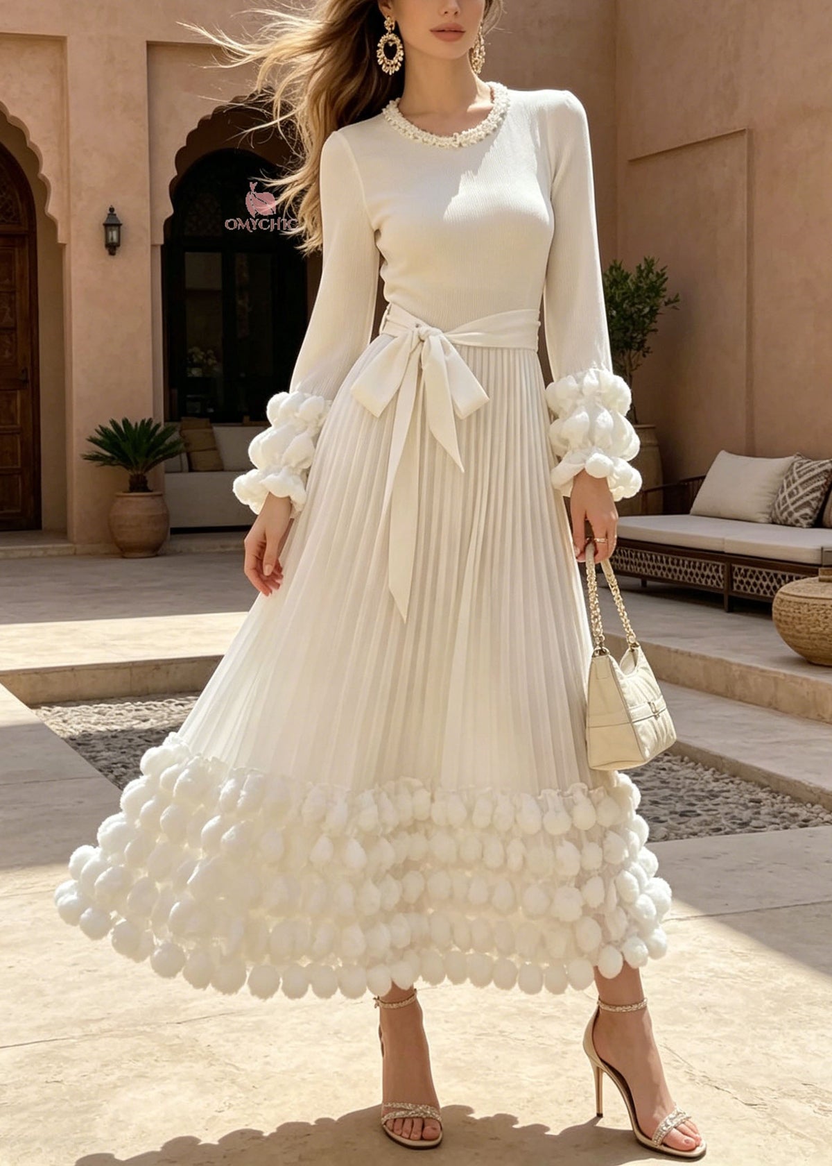 Pearl Trim Round Neck Pom Cuff Rib Knit Pleated Bow Maxi Dress - View 3
